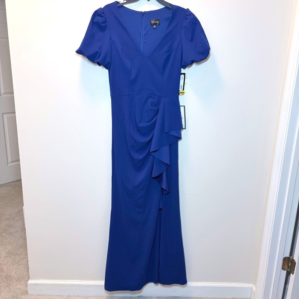 Xscape Womens Royal Blue Scuba Ruffle Puff Sleeve V-Neck Formal Gown Dress 8